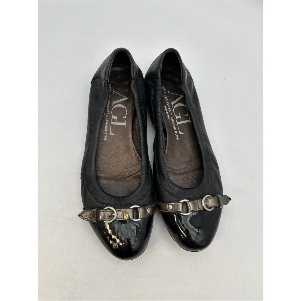 AGL Black Leather Flats with Sliver Buckle Trim Size 38